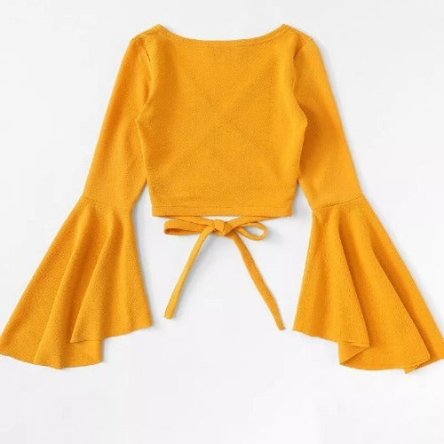 Flared Sleeve Lace Up Navel Exposed Long Sleeve T-Shirt For Women