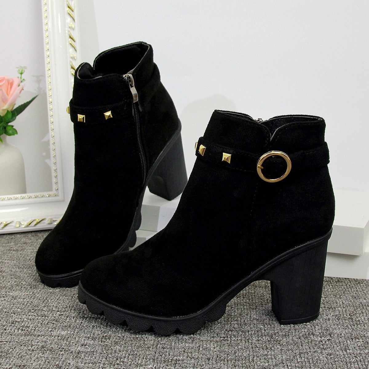 Women's Chunky Heel Round Toe Side Zipper Ankle Boots