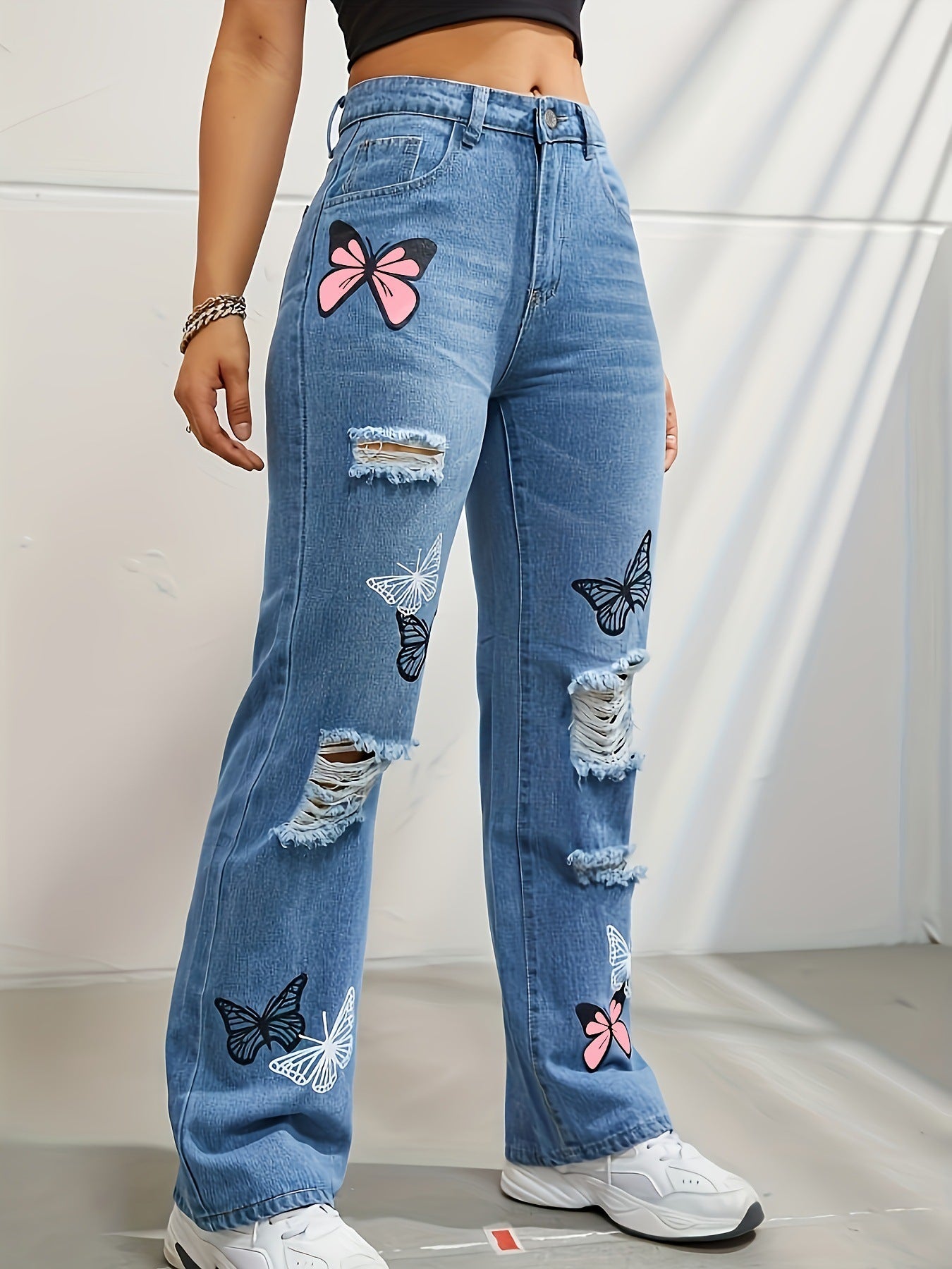 High Waisted Straight Leg Jeans For Women. Trendy Butterfly Print Ripped Distressed Denim Pants