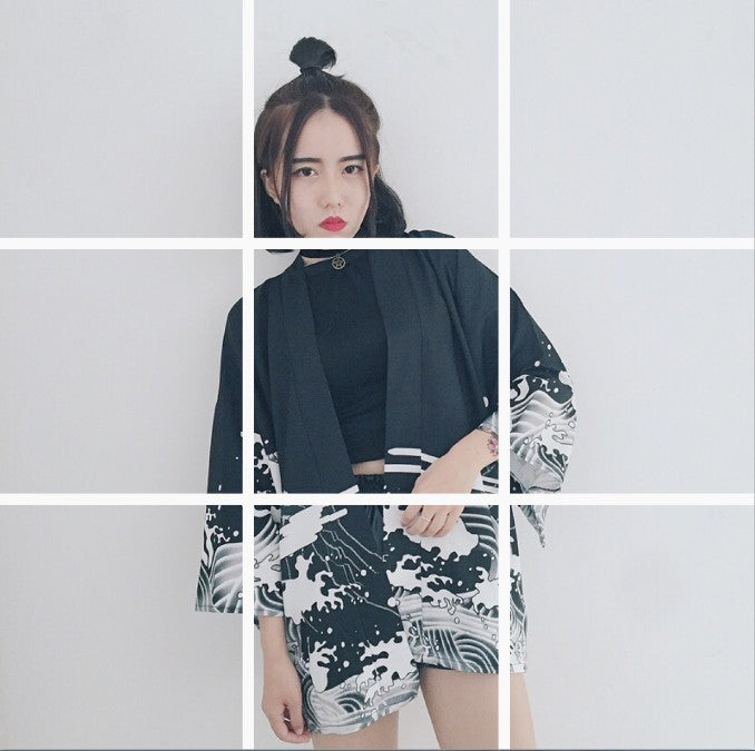 Korean version of the wild five-point sleeve Japanese style and wind feather weaving sunscreen chiffon cardigan women's clothing