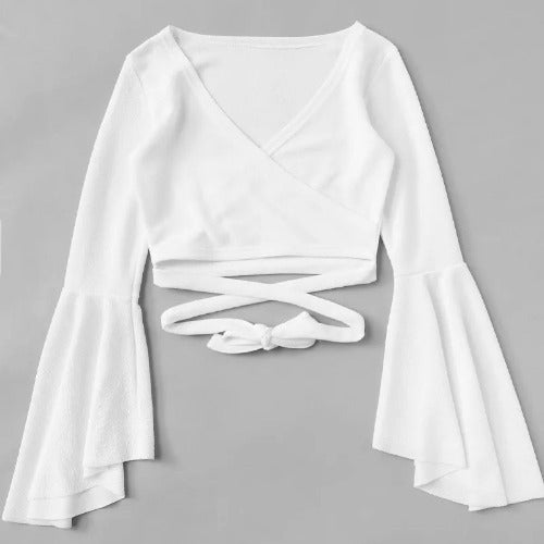 Flared Sleece Lace Up Navel Exposed T-Shirt For Women