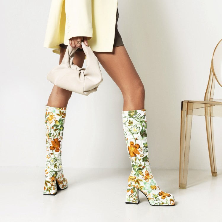 Fashion High Heel Print Square Toe Knight Boots Women