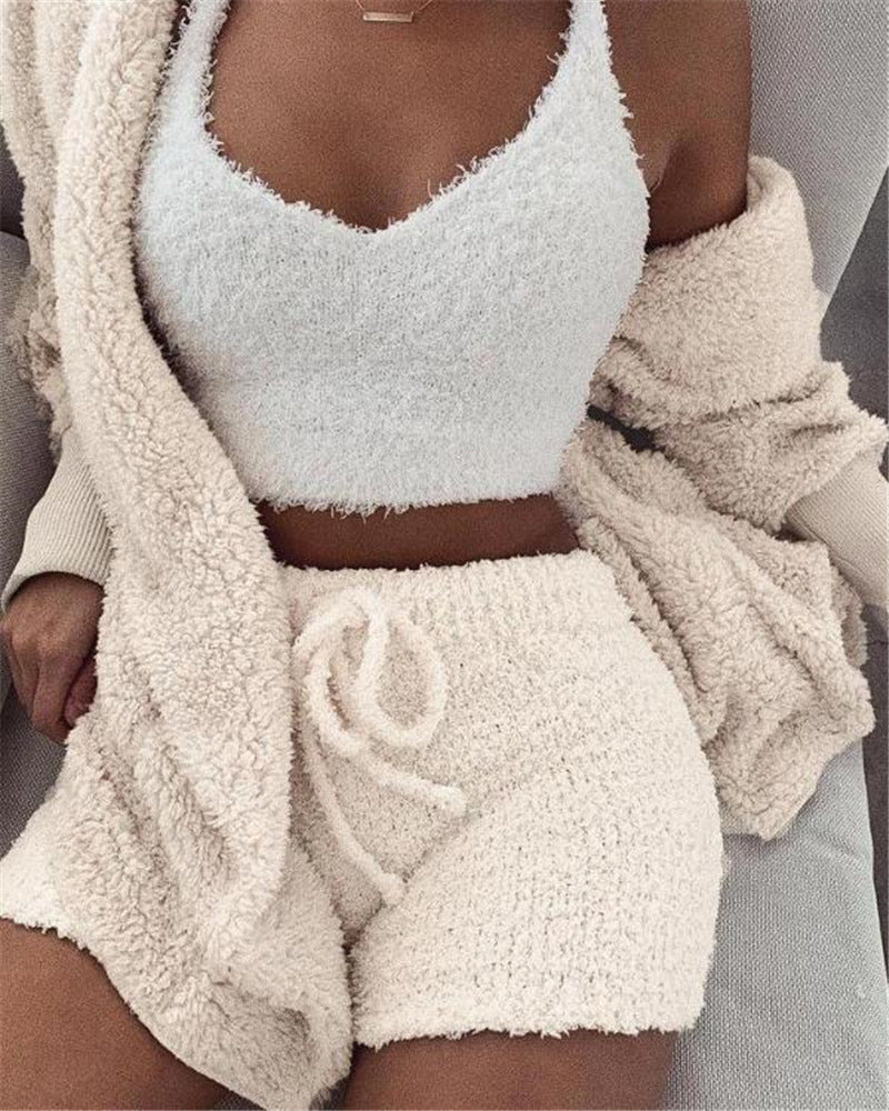 3pcs Womens Long Sleeve Crop Tank Top Clothing, Pajama Set