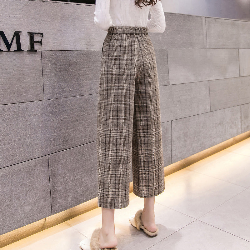 High-waist plaid woolen wide-leg pants