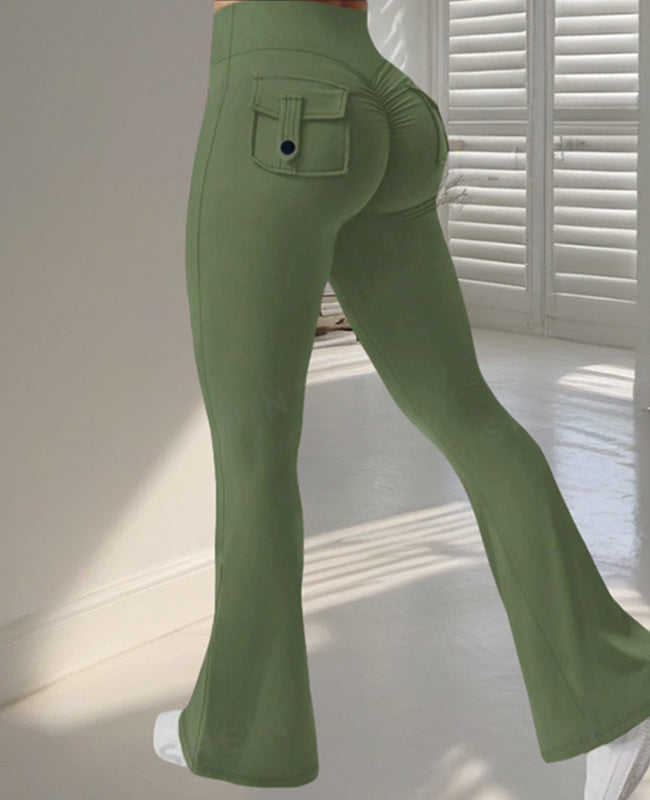 Yoga Fitness Flared Pants With Pockets. High Waist Sports Scrunch Butt Workout Lifting Leggings