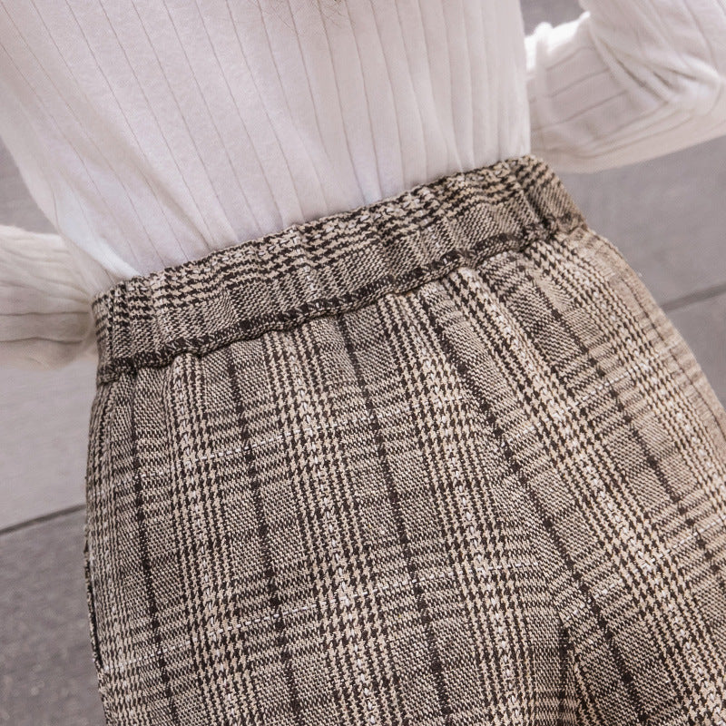 High-waist plaid woolen wide-leg pants