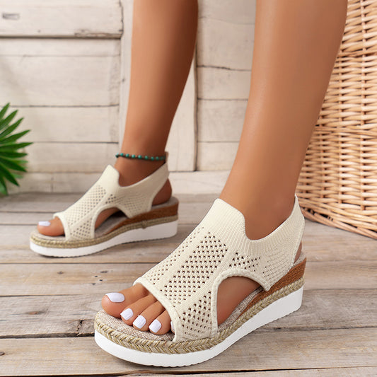 New Summer Hollow Wedges Sandal. Woven Breathable Mesh Peep-Toe Women Shoes.
