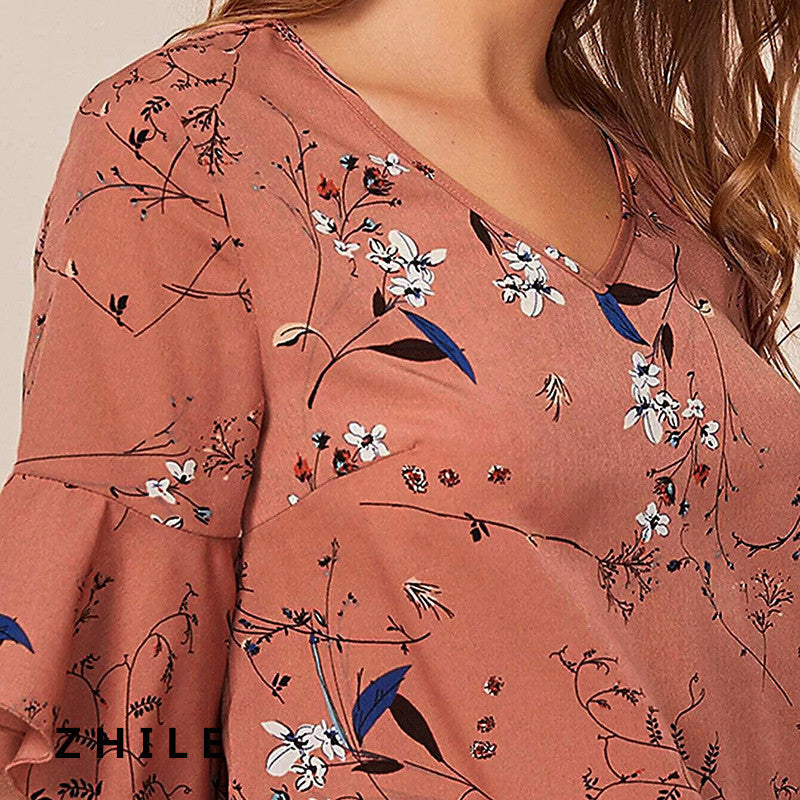 Floral print shirt with lotus leaf sleeve