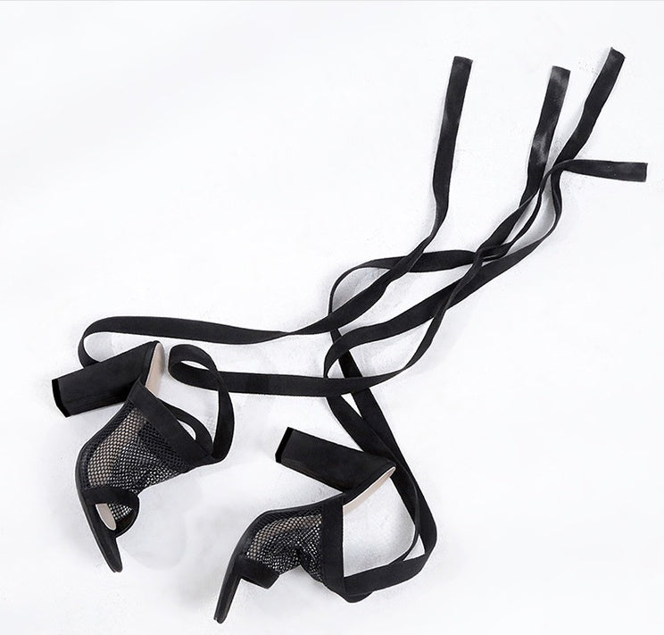 Women Bandage Flock Cross Strap Lace Up High Heels Sandals