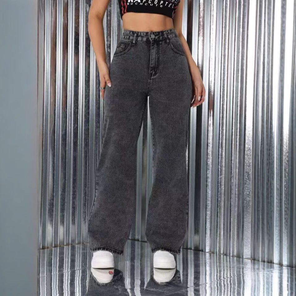 Embroidered High Waist Straight Loose Jeans. Casual Trousers Women