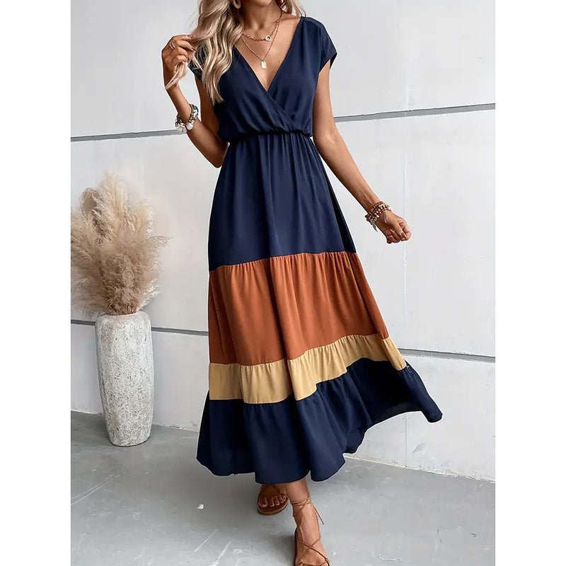 Women's Color Block Maxi Dresses V Neck Sleeveless Tiered Casual Dresses Loose Sundress