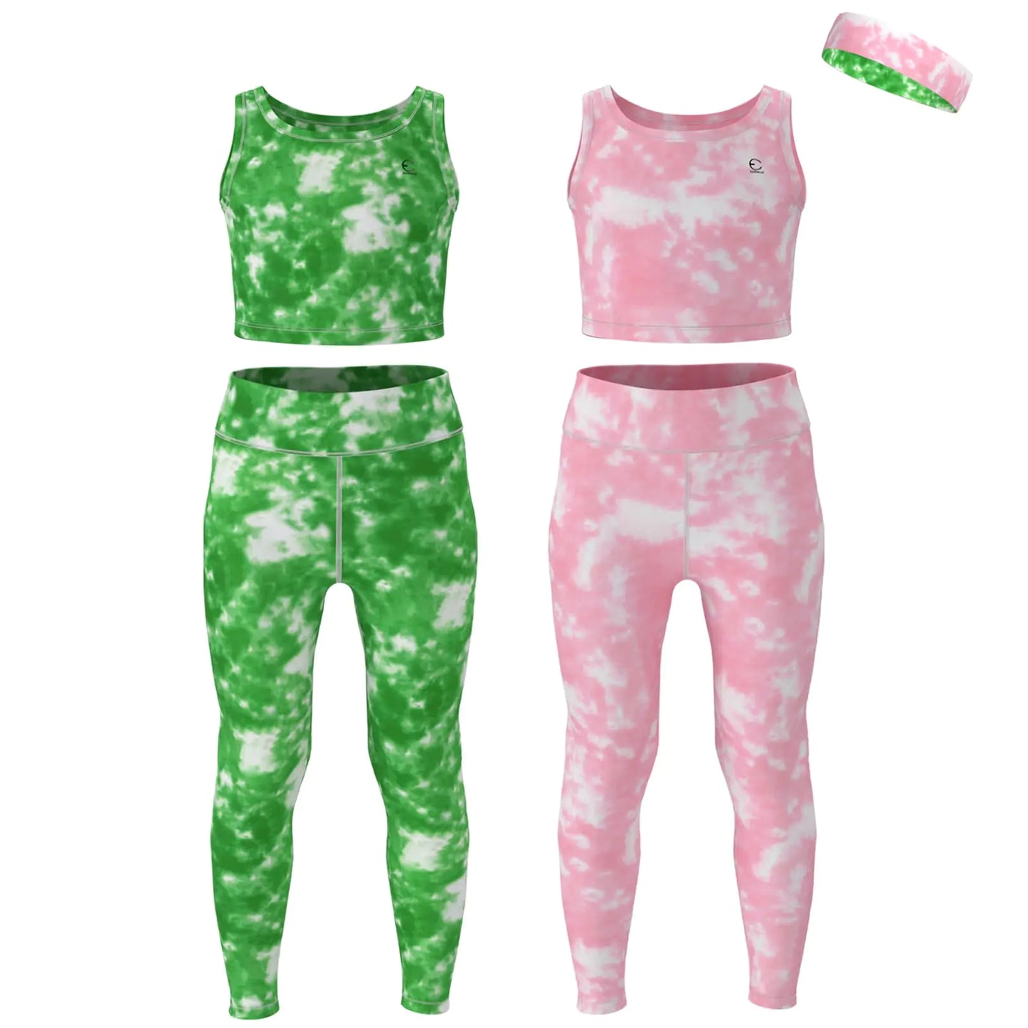 Girls Athletic Leggings Yoga Pants with Sleeveless Crop Tank Tops for Kids Workout Cheer Dance. Sizes 3-16 5pc Set - E2110 - Set-1-15-16