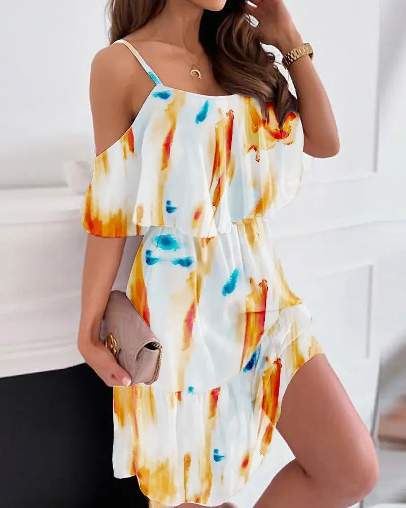 Flower Printed Ruffled Suspender Summer Dresses. Off-the-shoulder Strap Women dress