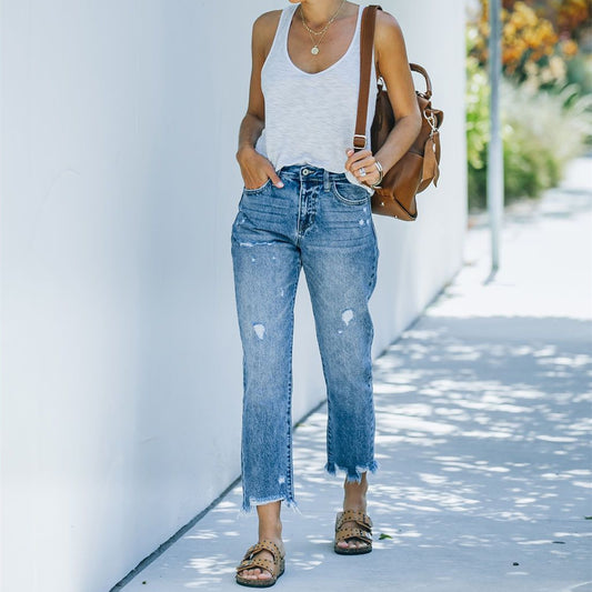Light Blue Casual Nine-piece Straight Jeans.  Women Pants