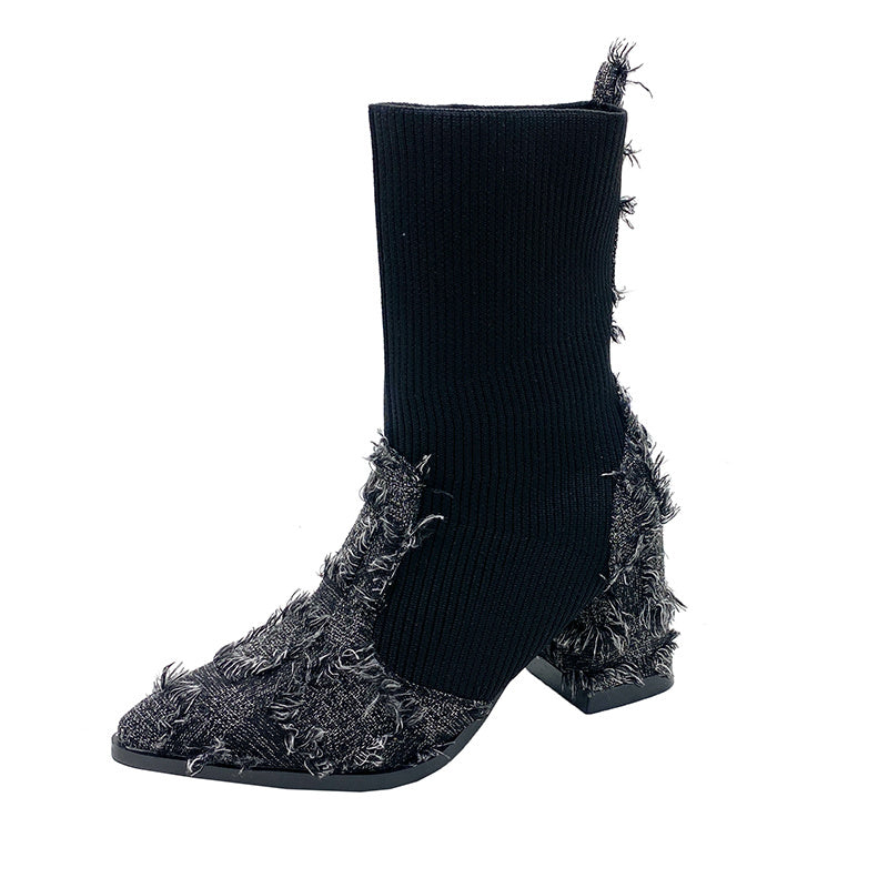 Women's Fringe And Knit Combination Mid-Calf Boots, Boho Chunky Block Heels