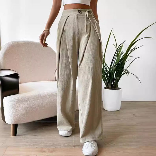 Women's High Waist Drawstring Patchwork Pants. Wide-leg Casual Straight Pants