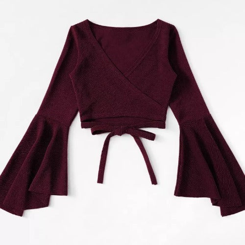 Flared Sleeve Lace Up Navel Exposed Long Sleeve T-Shirt For Women