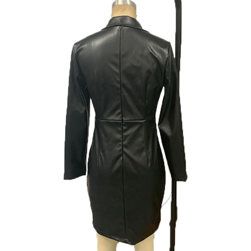 Women's Faux Leather Blazer Dress. Long Sleeve Midi Office Bodycon Dress