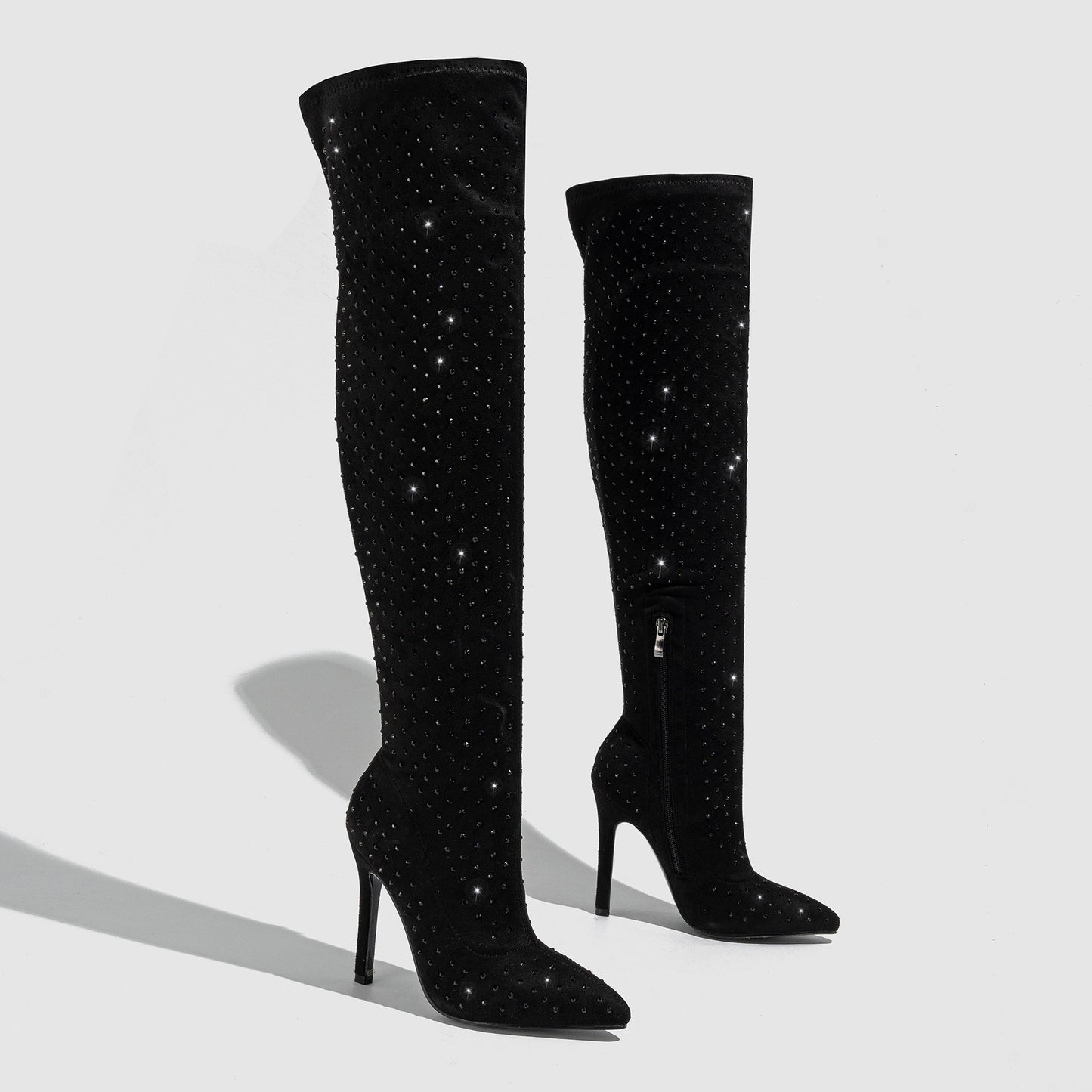 Pointed Toe Diamond Stiletto, Side Zipper Over-the-knee High Boots