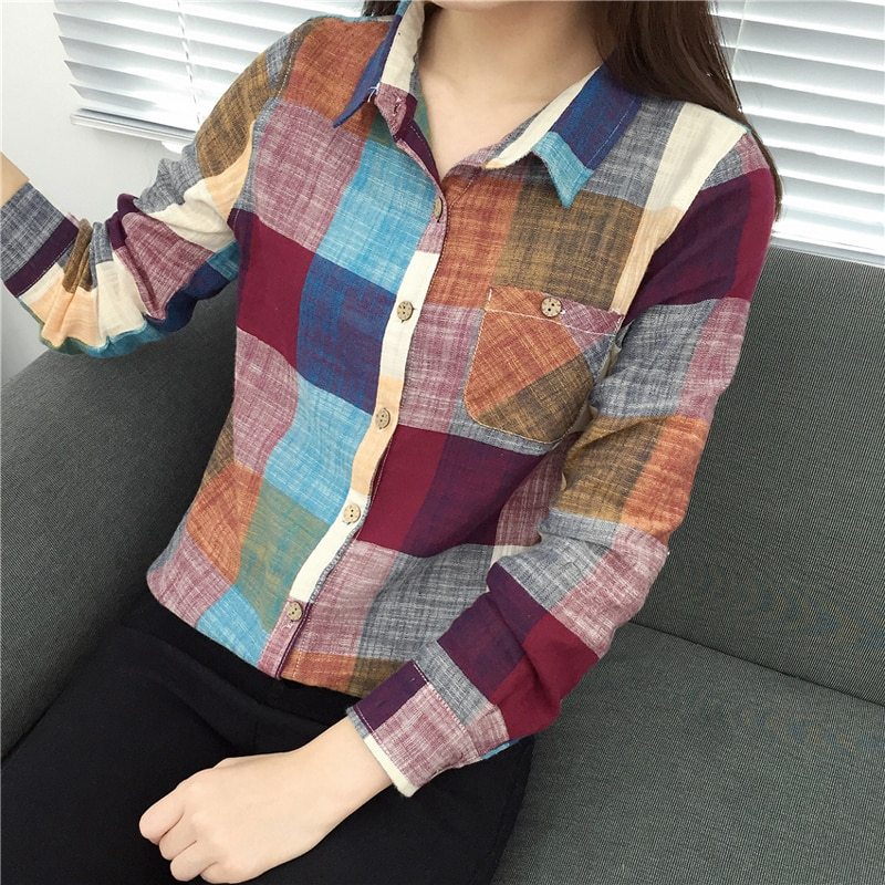 Plaid Women Kimono Vintage, Cotton Long Sleeve Blouse