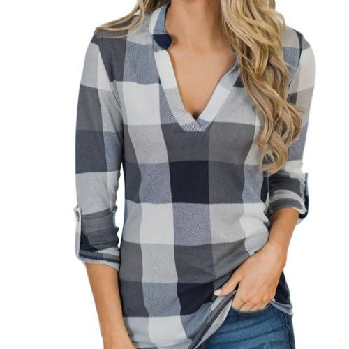 European And American V-neck Plaid Printed Casual Blouse