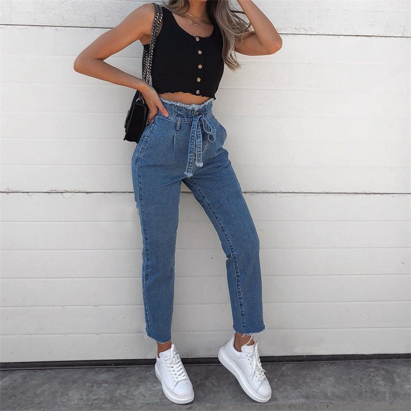Vintage tassels high waist jeans with gu charge women summer autumn