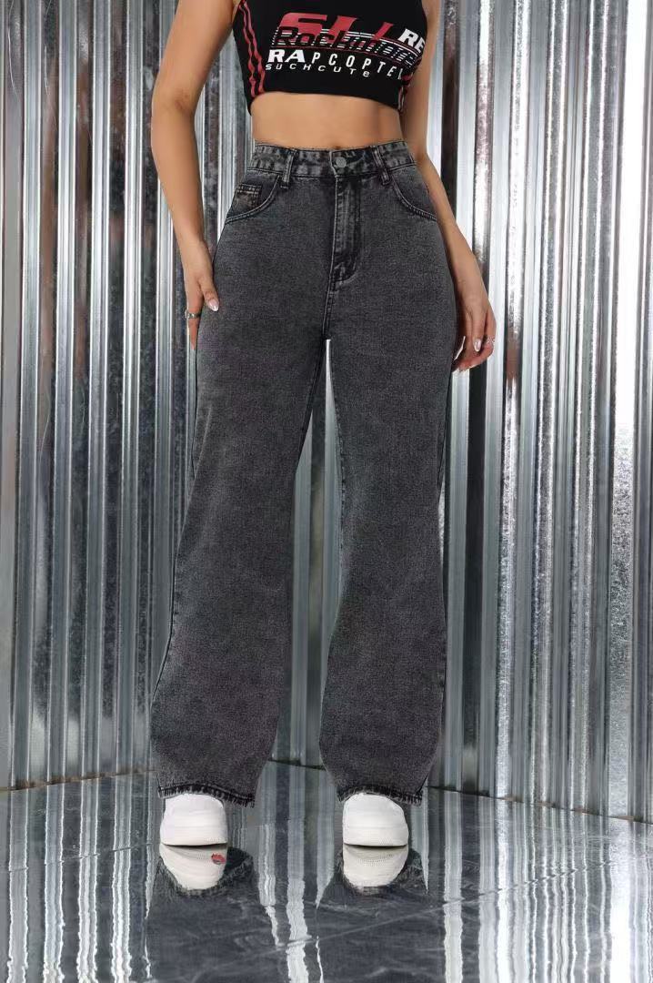 Embroidered High Waist Straight Loose Jeans. Casual Trousers Women
