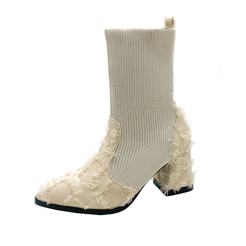 Women's Fringe And Knit Combination Mid-Calf Boots, Boho Chunky Block Heels