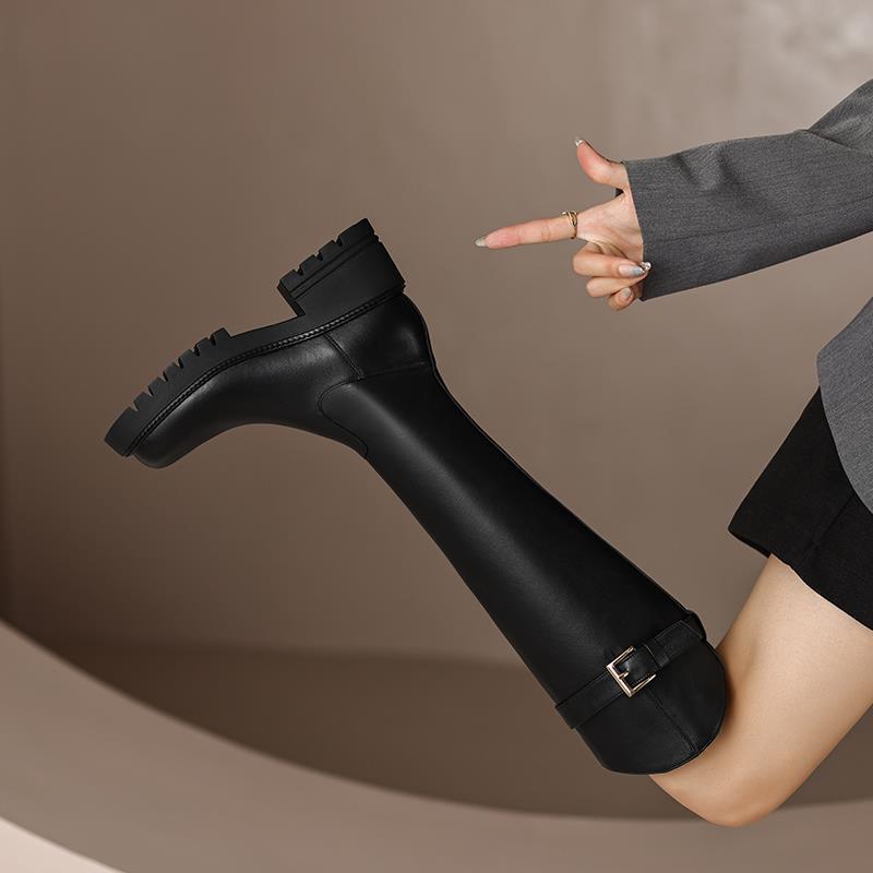 Leather High Heel Knee Boots. British Style Round Toe Chunky