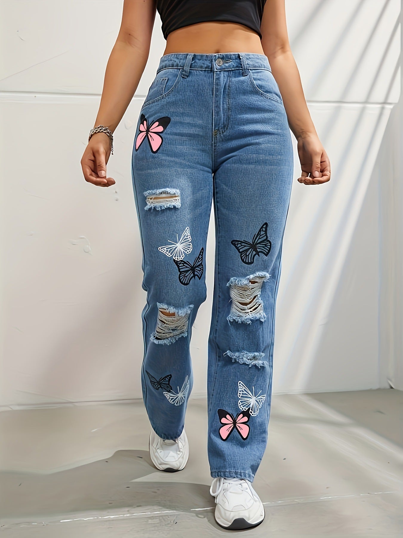 High Waisted Straight Leg Jeans For Women. Trendy Butterfly Print Ripped Distressed Denim Pants