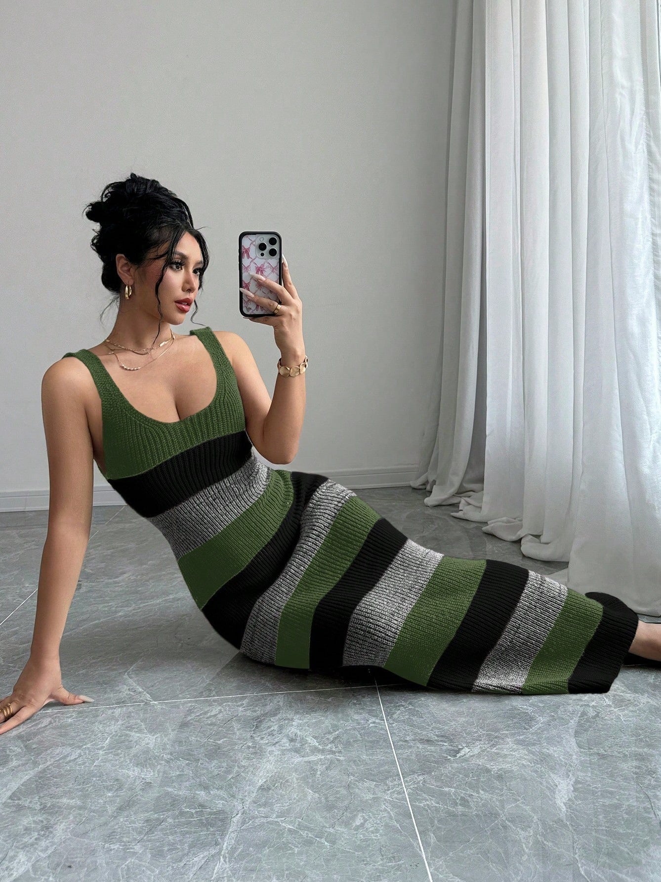 Striped Contrast Color Suspender U-neck Long Knitted Dress