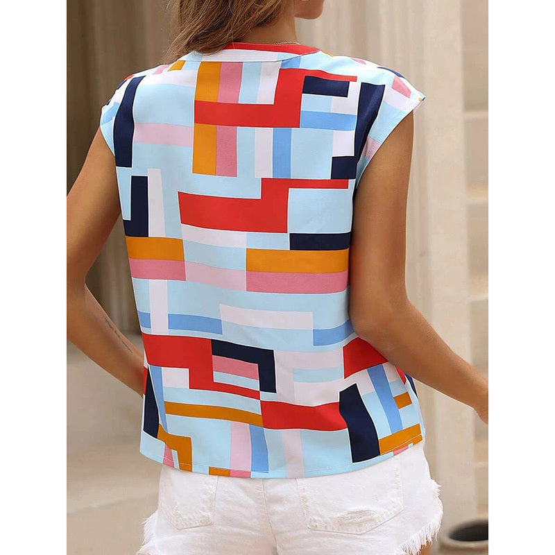 Womens Summer Tops Trendy Geometric Pattern Cap Sleeve V Neck T-Shirts Dressy Casual Short Sleeve Blouses