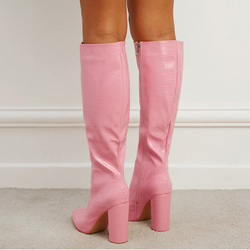 Fashion Winter Pointed Toe High Square Heel Boots. With Side Zipper