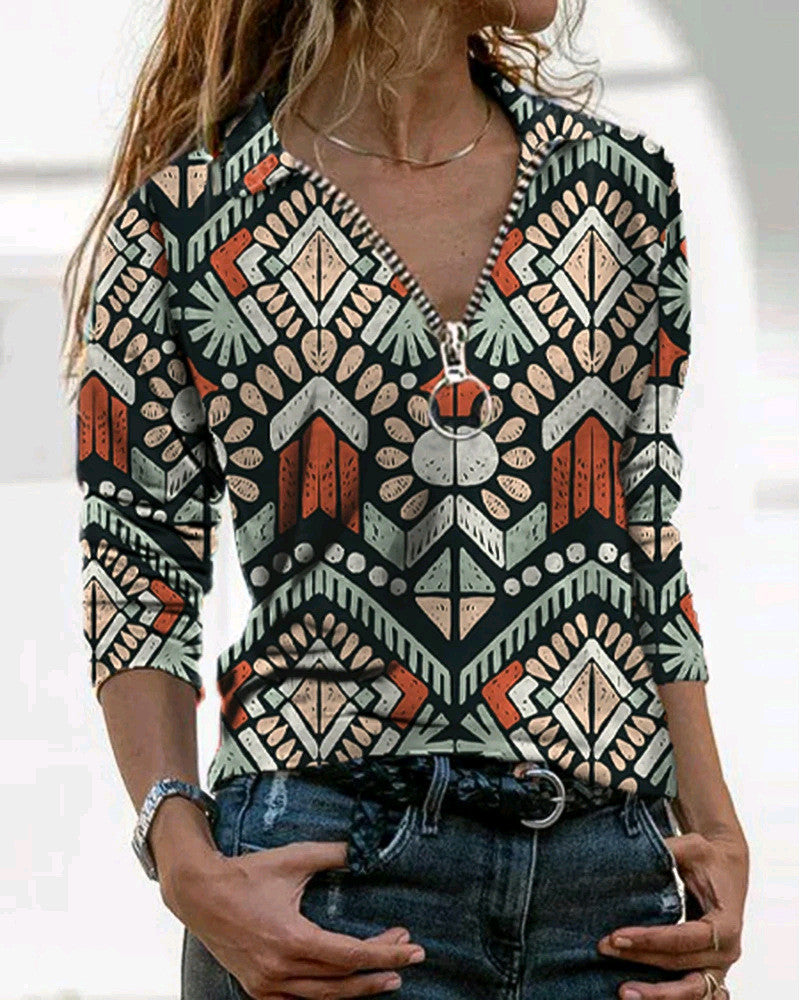 European And American Autumn And Winter Retro Printing Long-sleeved V-neck Zipper Casual Pullover Top