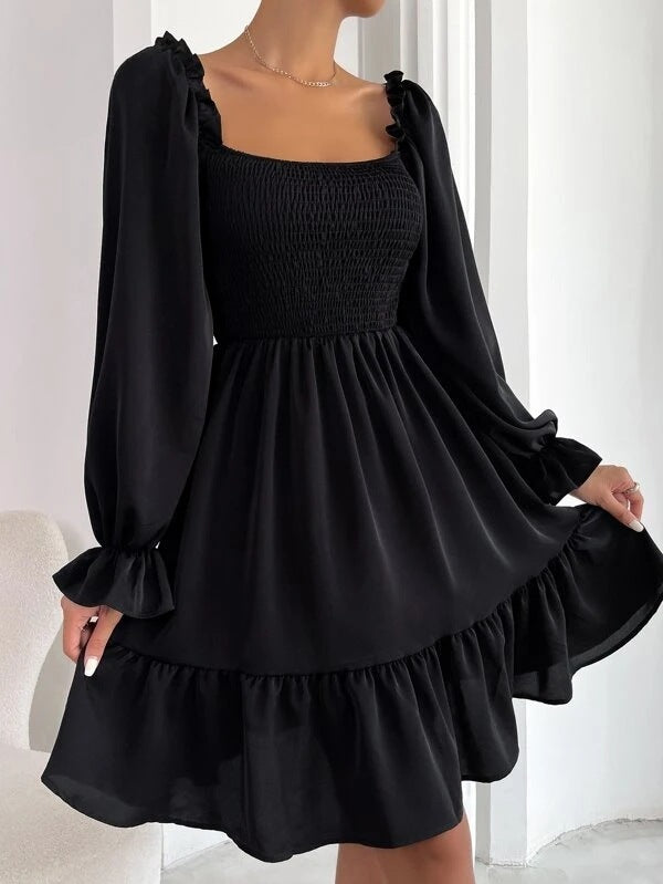 Flared Long Sleeve Women Square Neck Ruffled Swing Dresses