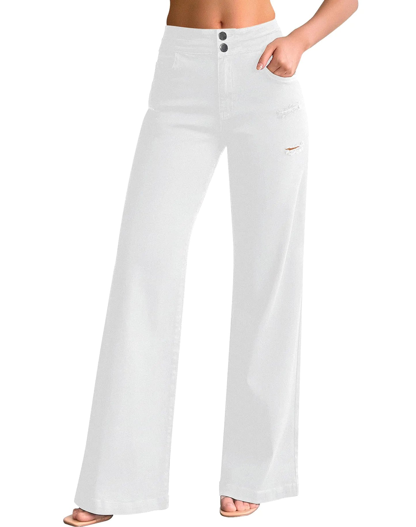 Women’s Casual Distressed High Waisted Denim Pants. Stretch Baggy Loose Wide Leg Jeans