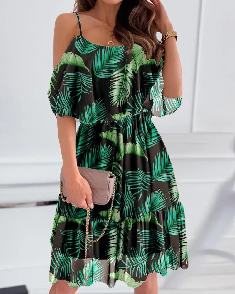 Flower Printed Ruffled Suspender Summer Dresses. Off-the-shoulder Strap Women dress