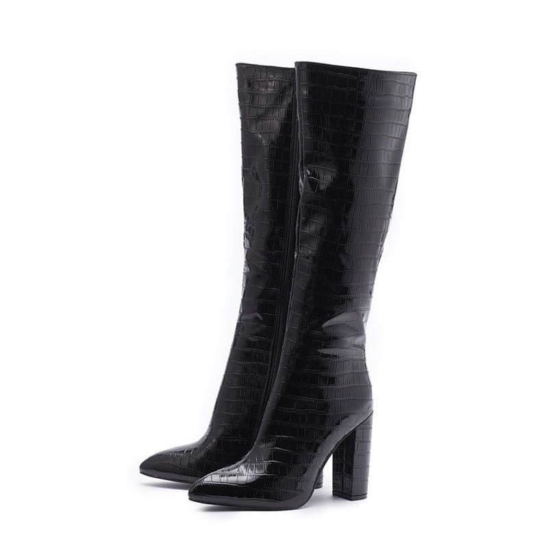 Fashion Winter Pointed Toe High Square Heel Boots. With Side Zipper