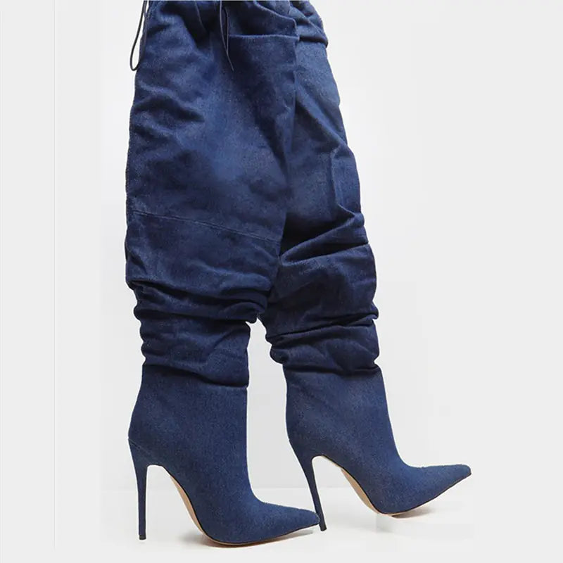 Fashionable Long Denim Stiletto Boots for Women