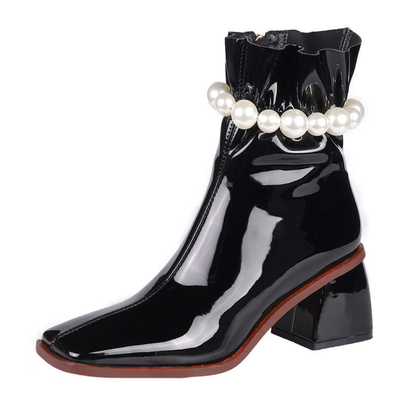 Square Toe Chunky Heel Short Pearl Boots Women