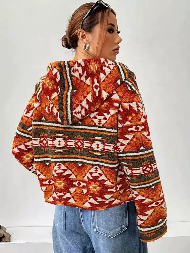 Casual Printed Plush Zipper Cardigan Hooded Coat