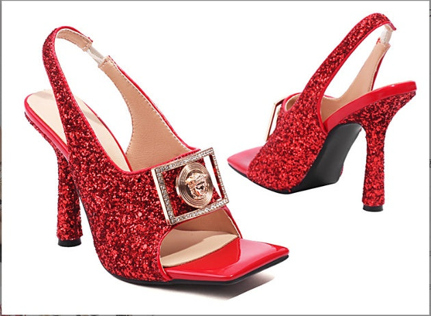 Sequined Square Peep Toe Back Empty Stiletto Heels Sandals