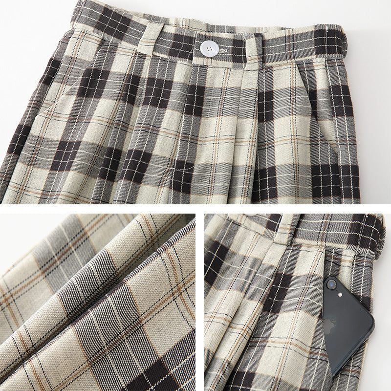 Ice Silk High Waist Plaid Pants. Korean Loose Wide-leg Pants