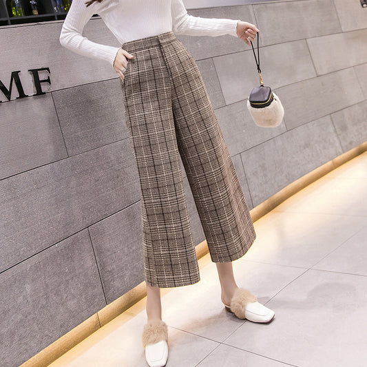 High-waist plaid woolen wide-leg pants
