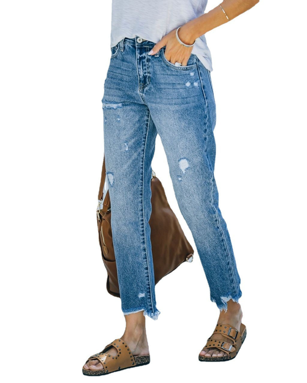 Light Blue Casual Nine-piece Straight Jeans.  Women Pants