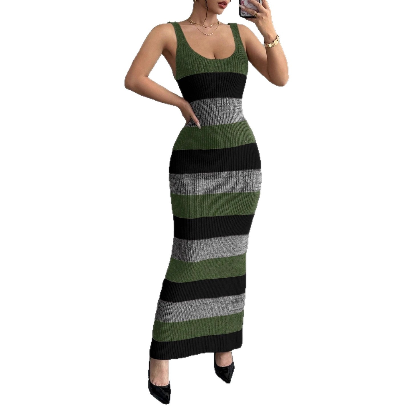 Striped Contrast Color Suspender U-neck Long Knitted Dress