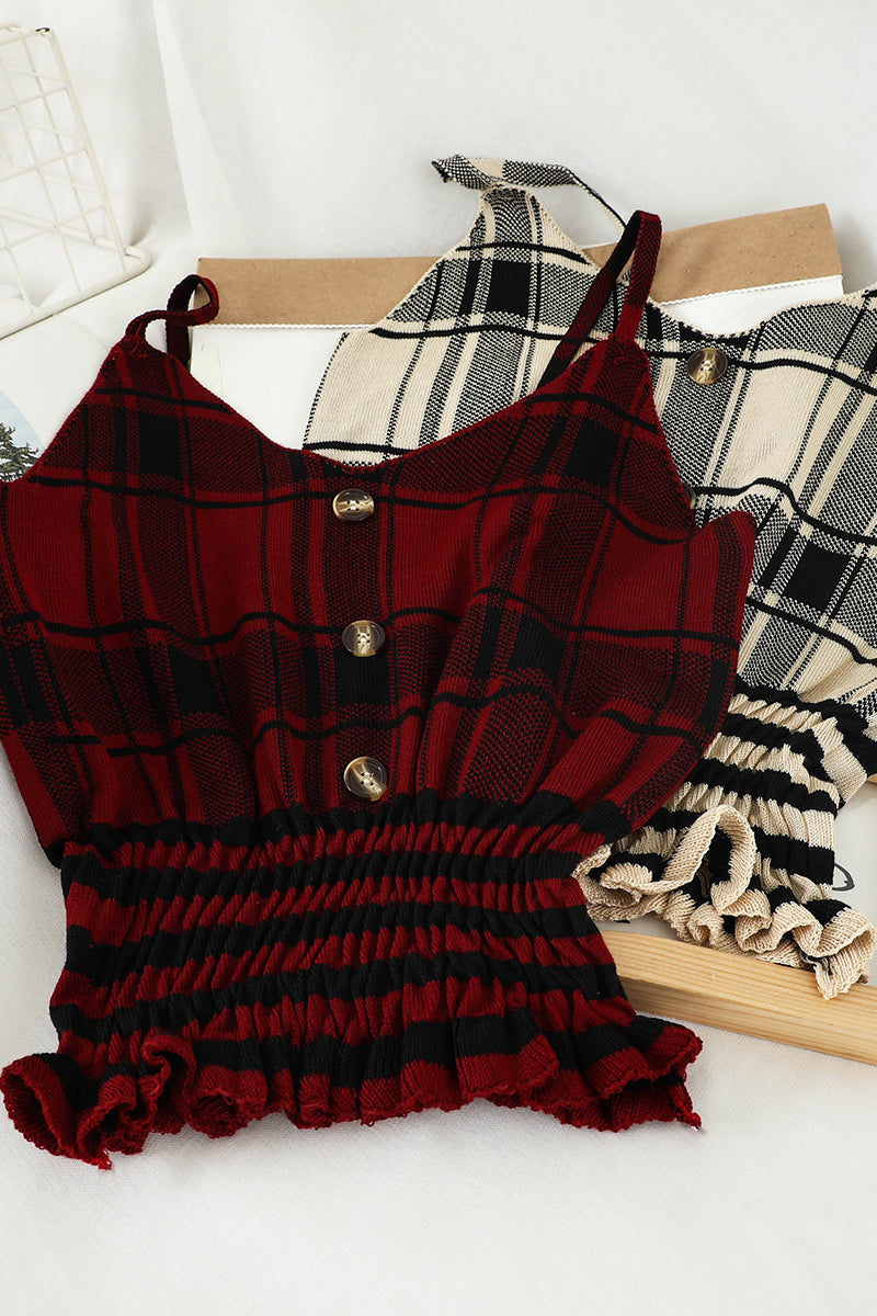 P601 Ruffled Hem Checkered Summer Knit Tank Top