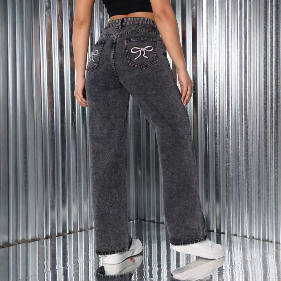 Embroidered High Waist Straight Loose Jeans. Casual Trousers Women