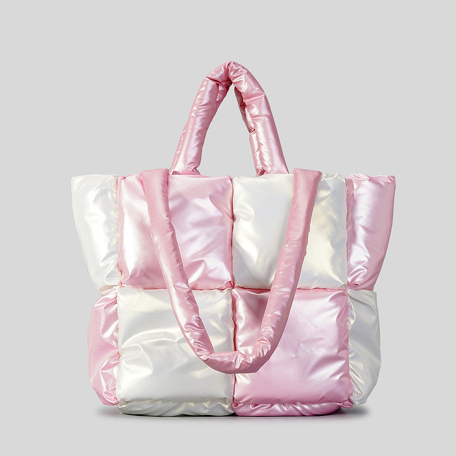 Winter Color Matching Down Cotton-padded Coat Tote Bag. Soft Plaid Shoulder Bags