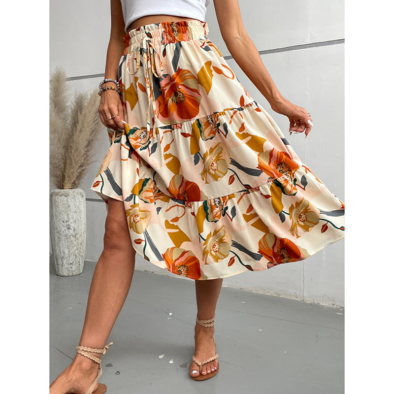 Women's Floral Tiered Midi Skirt. Elastic Waist Dressy Casual A-line Flowy Boho Skirts